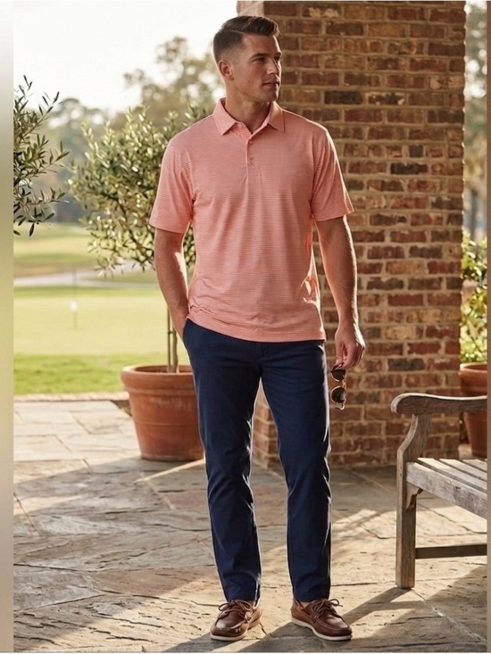 NWT E. Magrath Mens Large Polo Shirt Orange White Stripe Athletic Fit Golf L